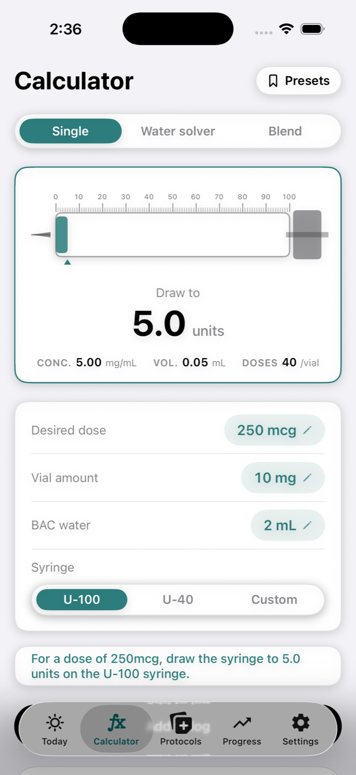 Aion's reconstitution calculator showing a draggable dose tape, live syringe, and draw-to units for a 250 mcg dose